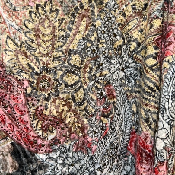 French Blue Top Size S Paisley Geometric Beaded Multicolor 3/4 Sleeve Semi-sheer - Picture 6 of 9